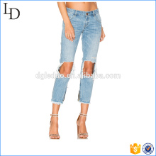 Hot sale big knee hole jeans pants bulk cotton sky blue stylish pants